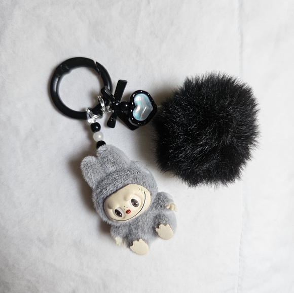 Fuzzy Have a Seat Black Labubu Keychain with Heart Gems Pom Pom Bag Charms NEW - Picture 2 of 5